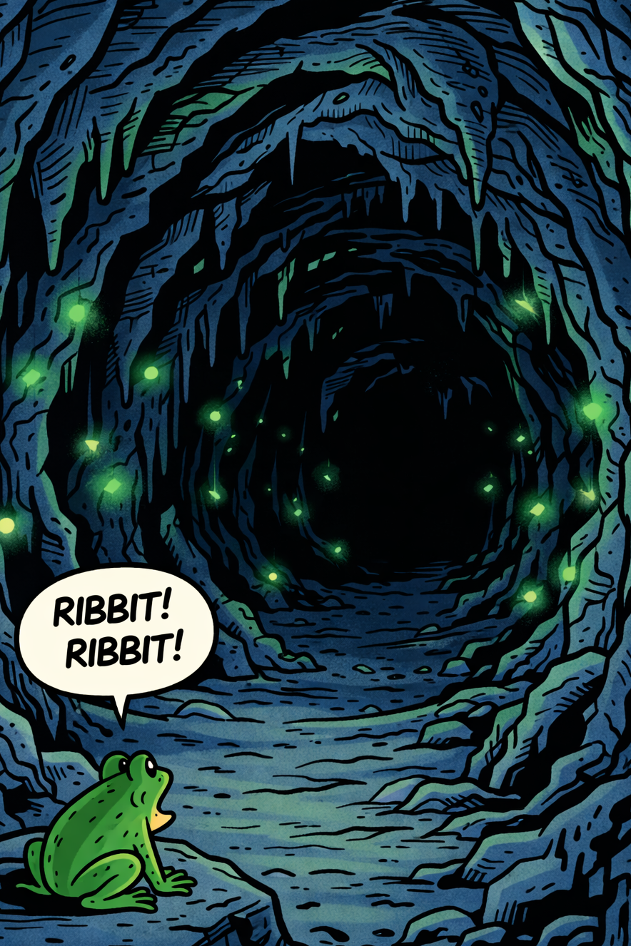 A green frog is sitting at the entrance of a cave and making the *ribbit ribbit* noise. The cave is dark blue, with rugged walls and with green dot lights on its walls.
